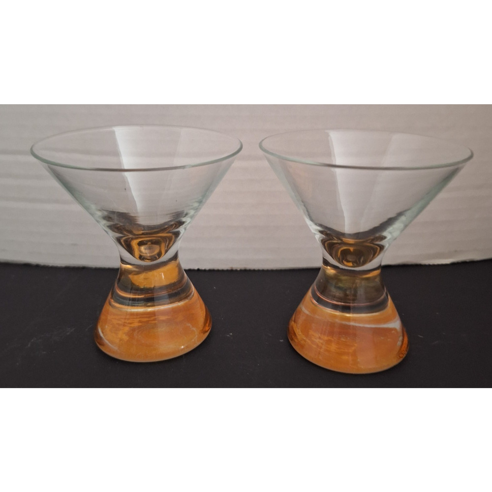 2 Stemless Martini Glasses with Weighted Amber Base MCM 3 1/2" Tall